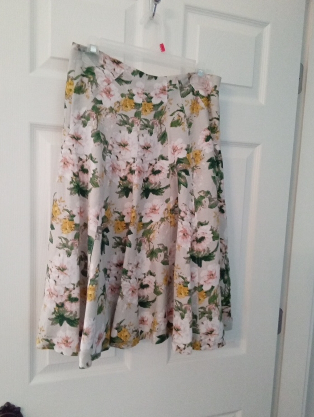 Premise Womens Linen Blend Full Skirt - Light Taupe with Pink & Yellow Floral